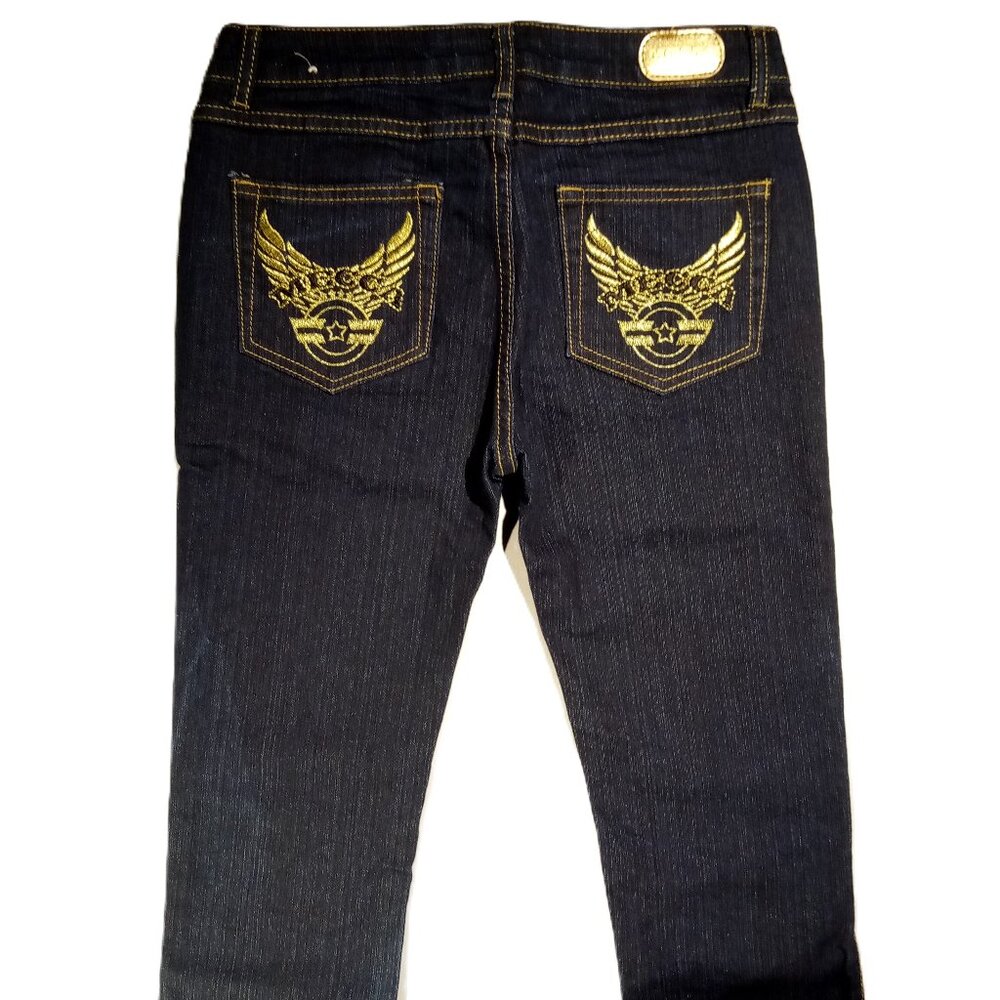MECCA Jeans  Girls 14  Gold Stitch LOGO Pockets  Faux Gem  Slim  Dark Wash NWOT